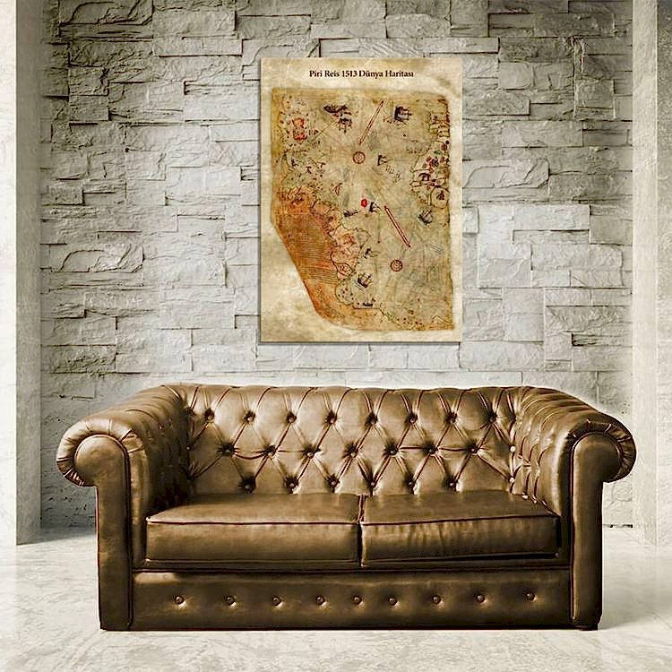 Piri Reis Dünya Haritası Eskitme Zeminli Kanvas Tablo