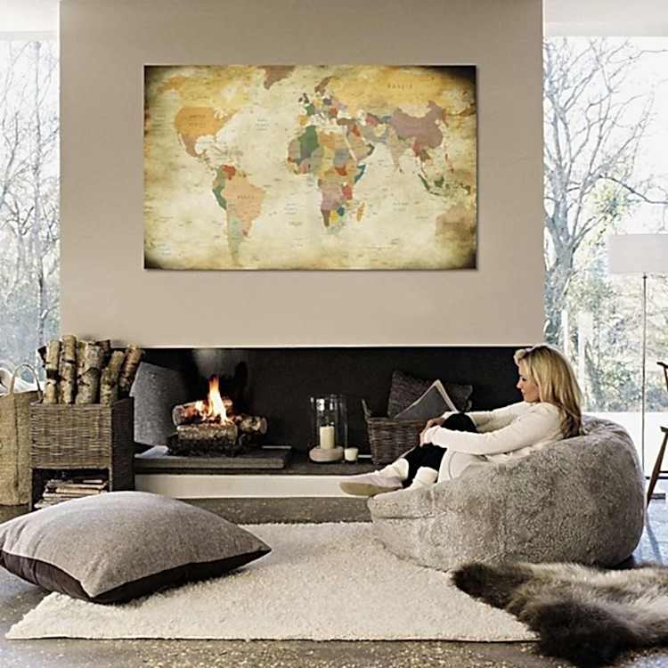 Dünya Haritası Eskitme Kanvas Tablo